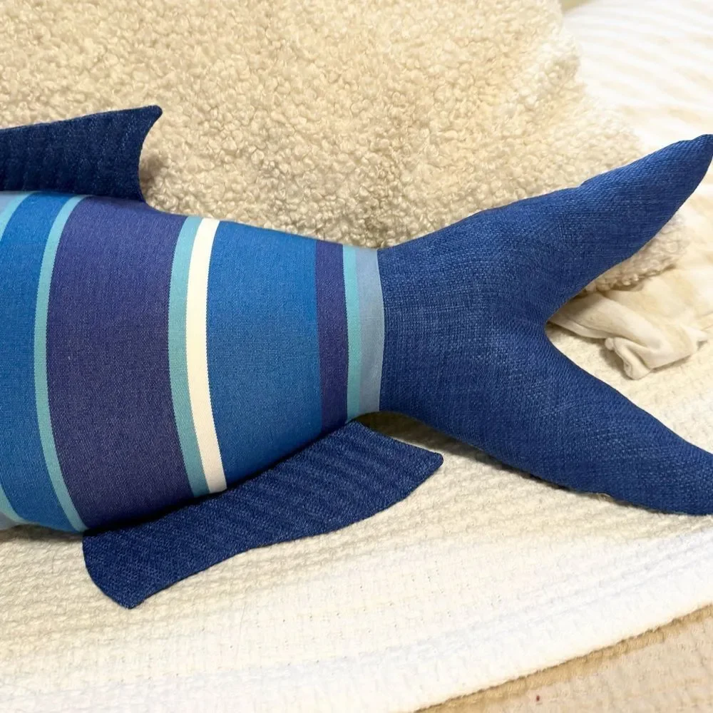 Fresh Catch Blue Striped Handcrafted Nautical Coastal Cottage Fish Accent Pillow